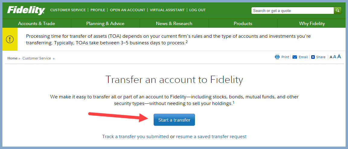 fidelity start a trasnfer