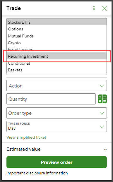 fidelity recurring investment tab